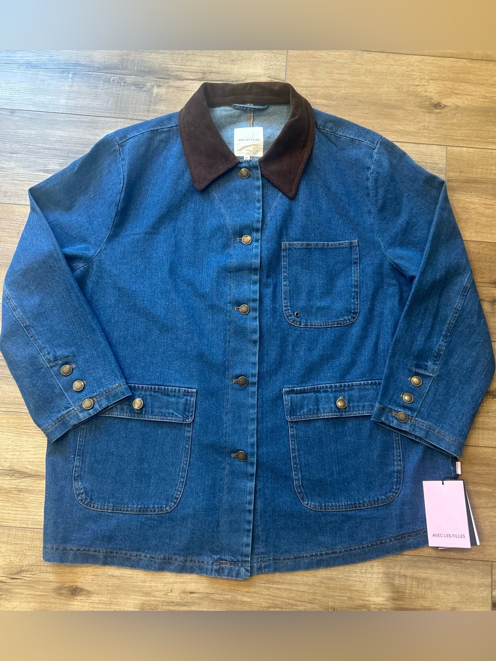 Avec les Filles Medium Blue Denim Relaxed Barn Chore Jacket Corduroy Collar 2X
